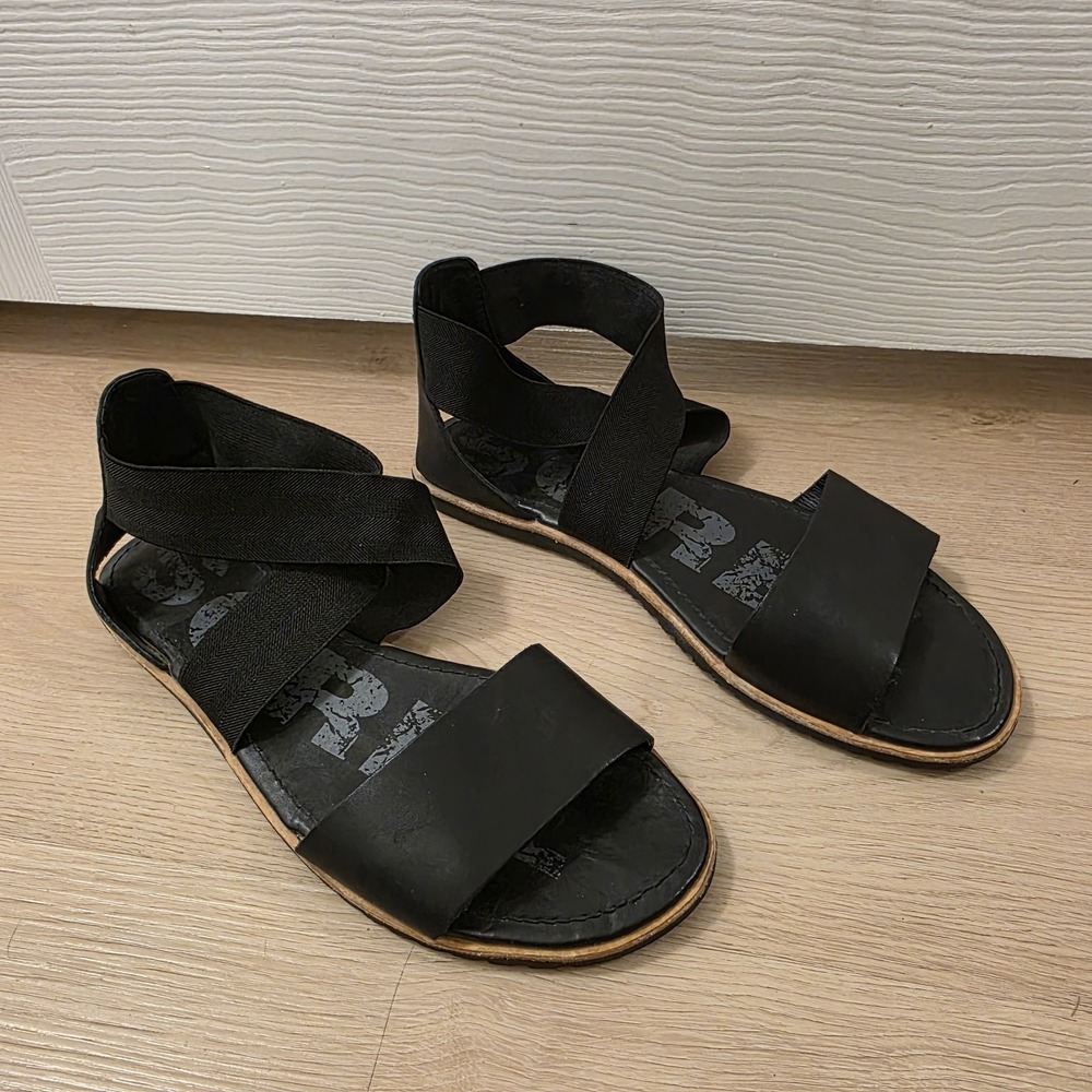 Sorel Ella II Black Leather Stretch Strap Flats Open Toe Sandals Women's Size 10